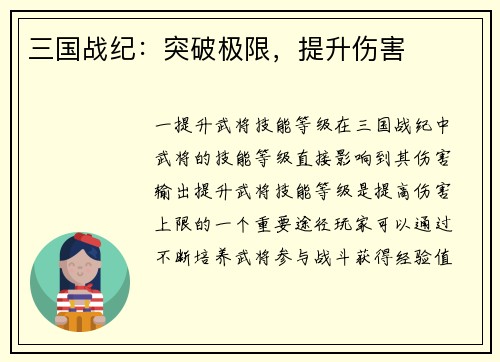 三国战纪：突破极限，提升伤害